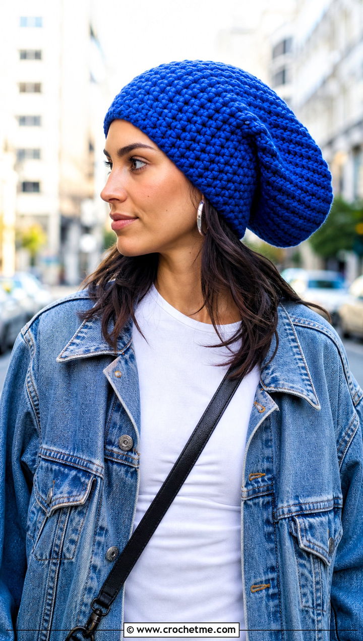 Oversized Slouchy Crochet Beanie With Denim Jacket - 15 large crochet beanie outfit ideas