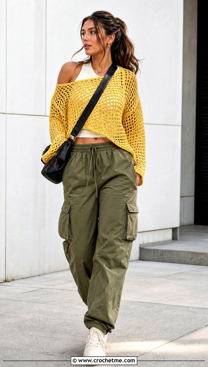 Oversized Slouchy Mesh Off Shoulder Top With Cargo Pants - 25 crochet mesh off shoulder top outfit ideas