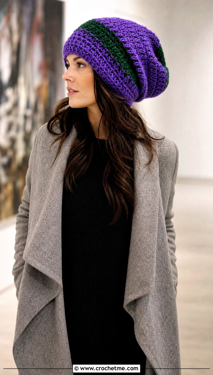 Oversized Slouchy Two Color Crochet Beanie With Knit Dress - 30 2 color crochet beanie hat outfit ideas