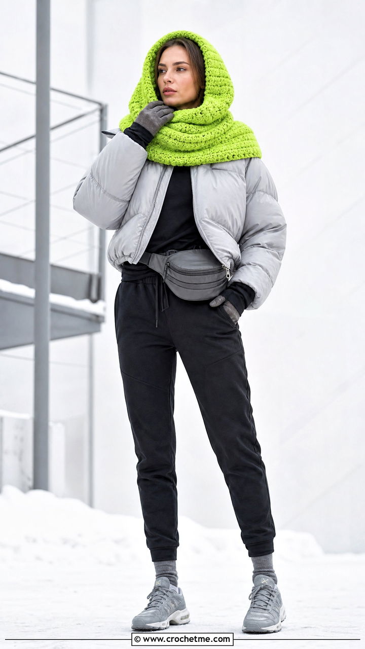 Oversized Snood Crochet Hooded Cowl With Puffer Jacket - 35 crochet hooded cowl outfit ideas