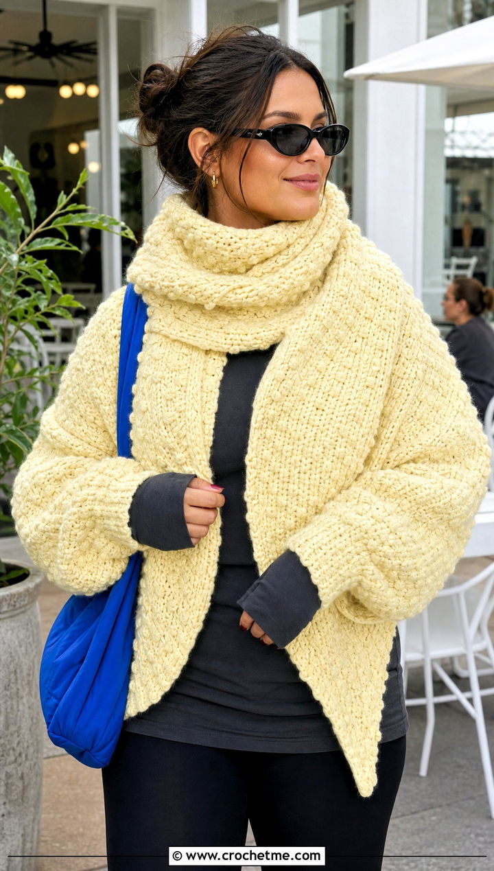 Oversized Snowfall Crochet Sweater Scarf With Leggings - 15 Snowfall Crochet Sweater Scarf outfit ideas