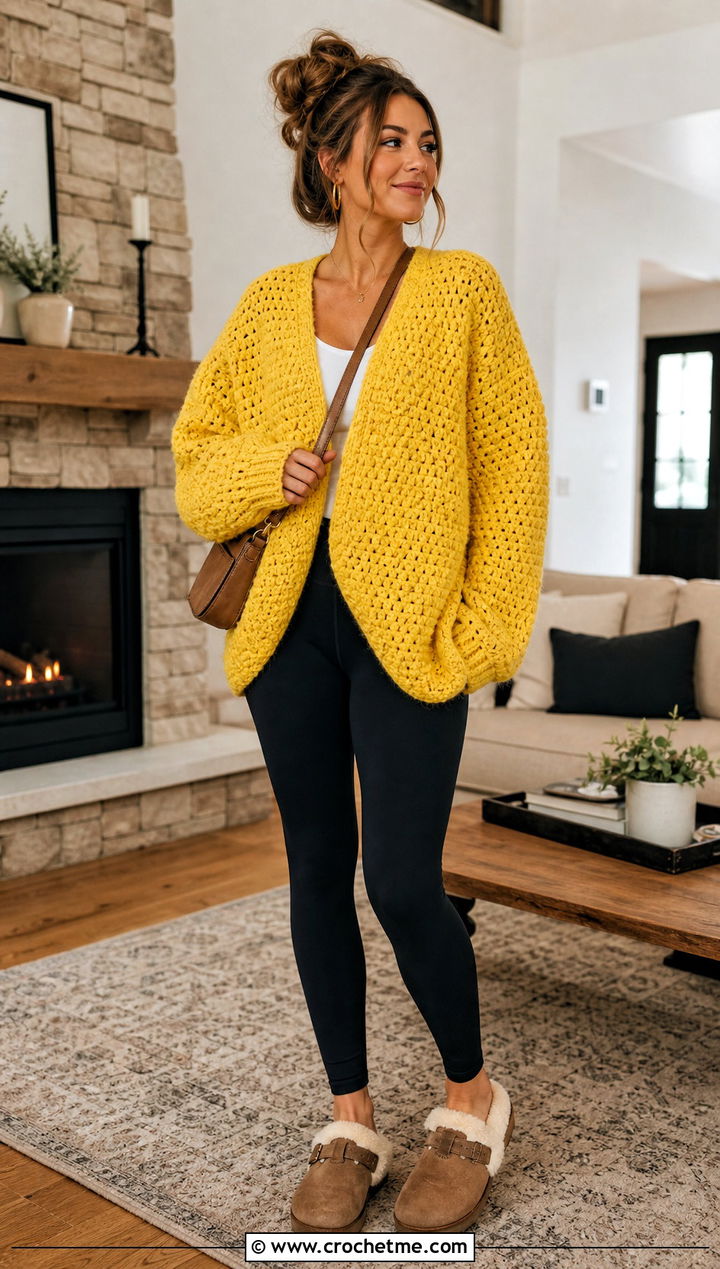 Oversized Sofa Crochet Sweater With Leggings - 15 sofa crochet sweater outfit ideas