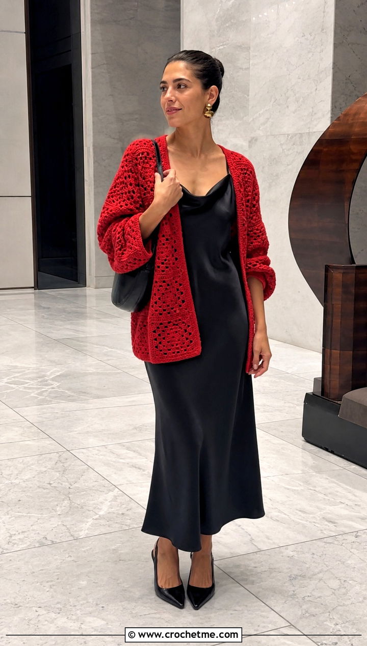 Oversized Solid Granny Square Cardigan With Slip Dress - 20 Crochet Solid Granny Square Cardigan outfit ideas