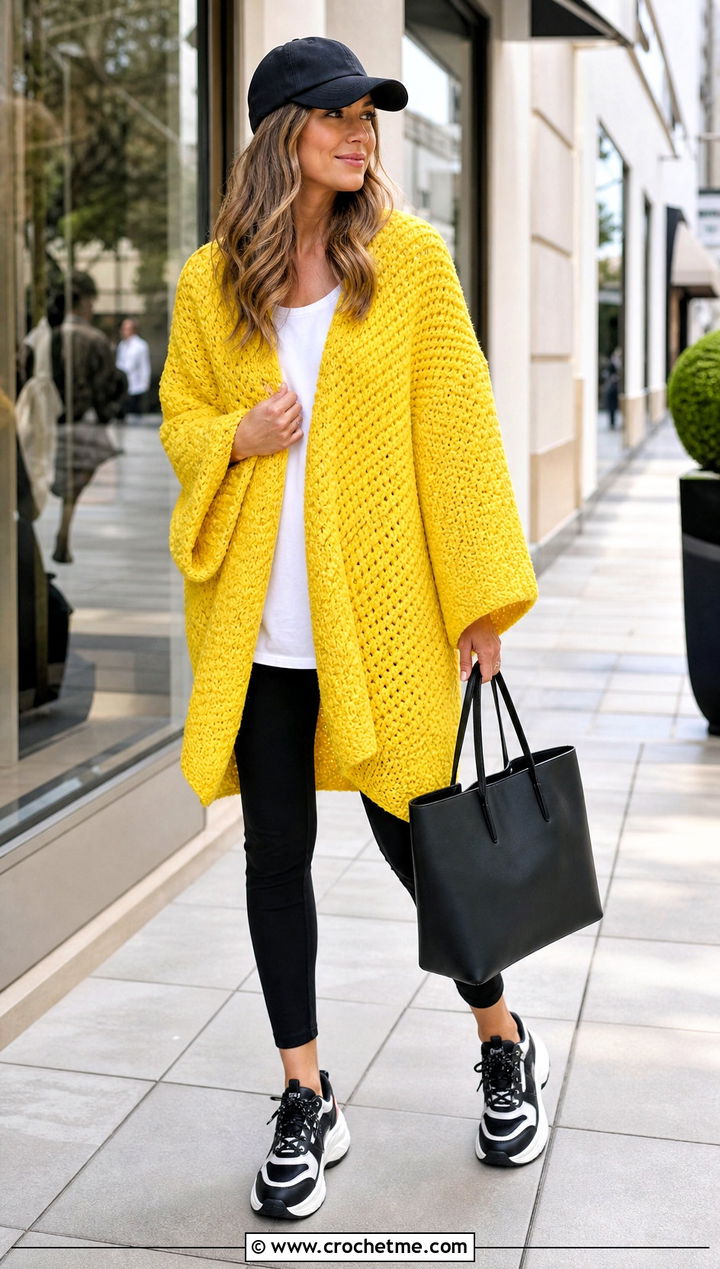 Oversized Solid Hexagon Cardigan With Leggings - 30 crochet solid hexagon cardigan outfit ideas