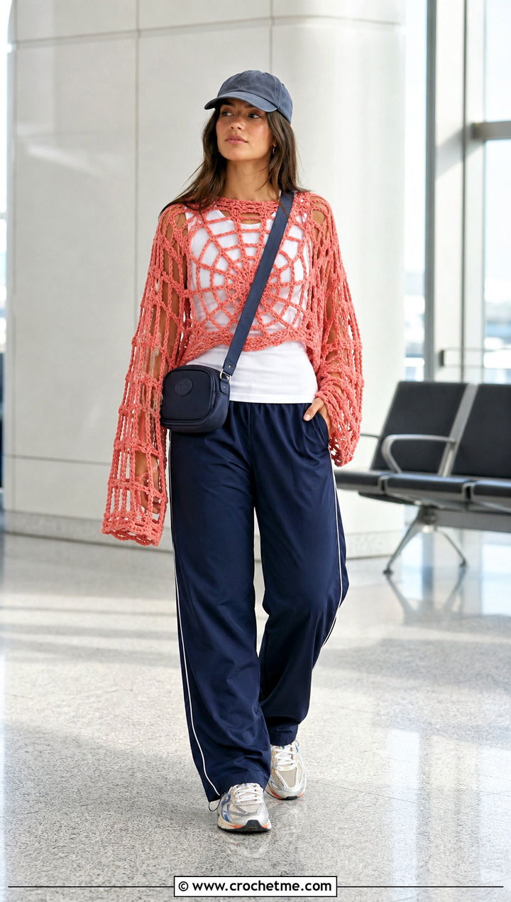 Oversized Spider Crochet Top With Track Pants - 35 spider crochet top outfit ideas