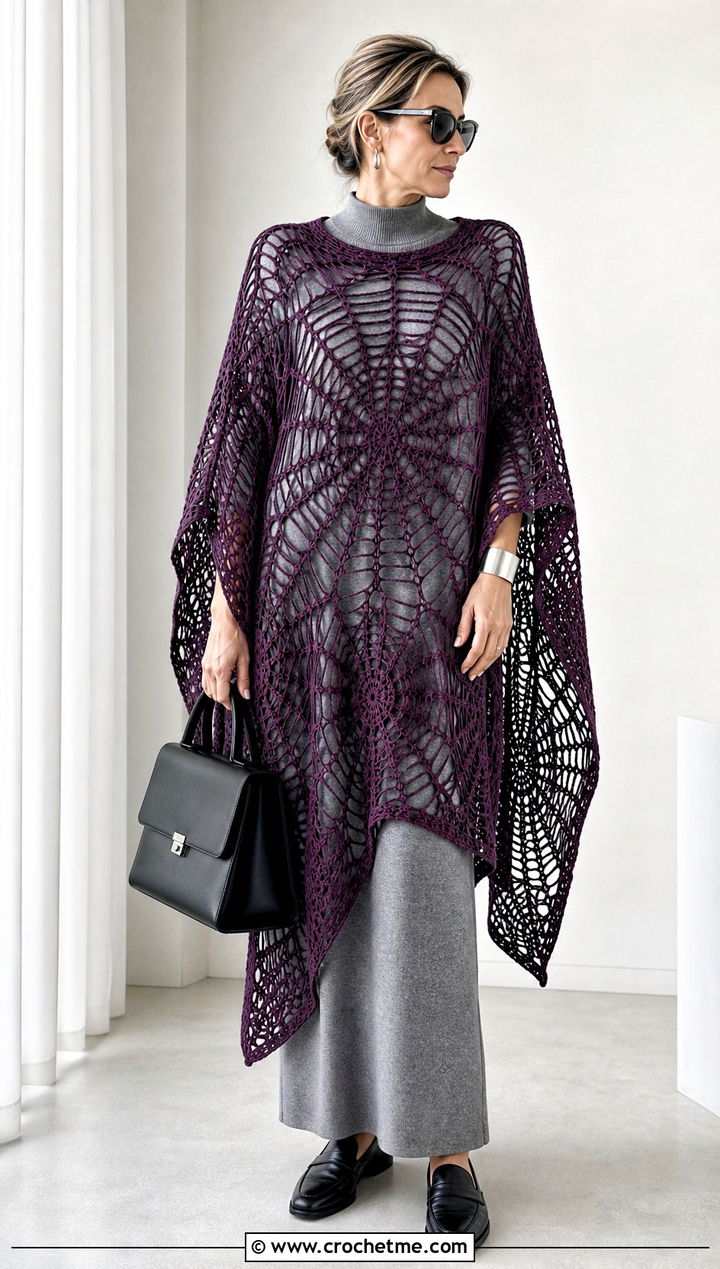Oversized Spider Web Crochet Poncho With Knit Column Dress - 20 Spider Web Crochet Poncho outfit ideas