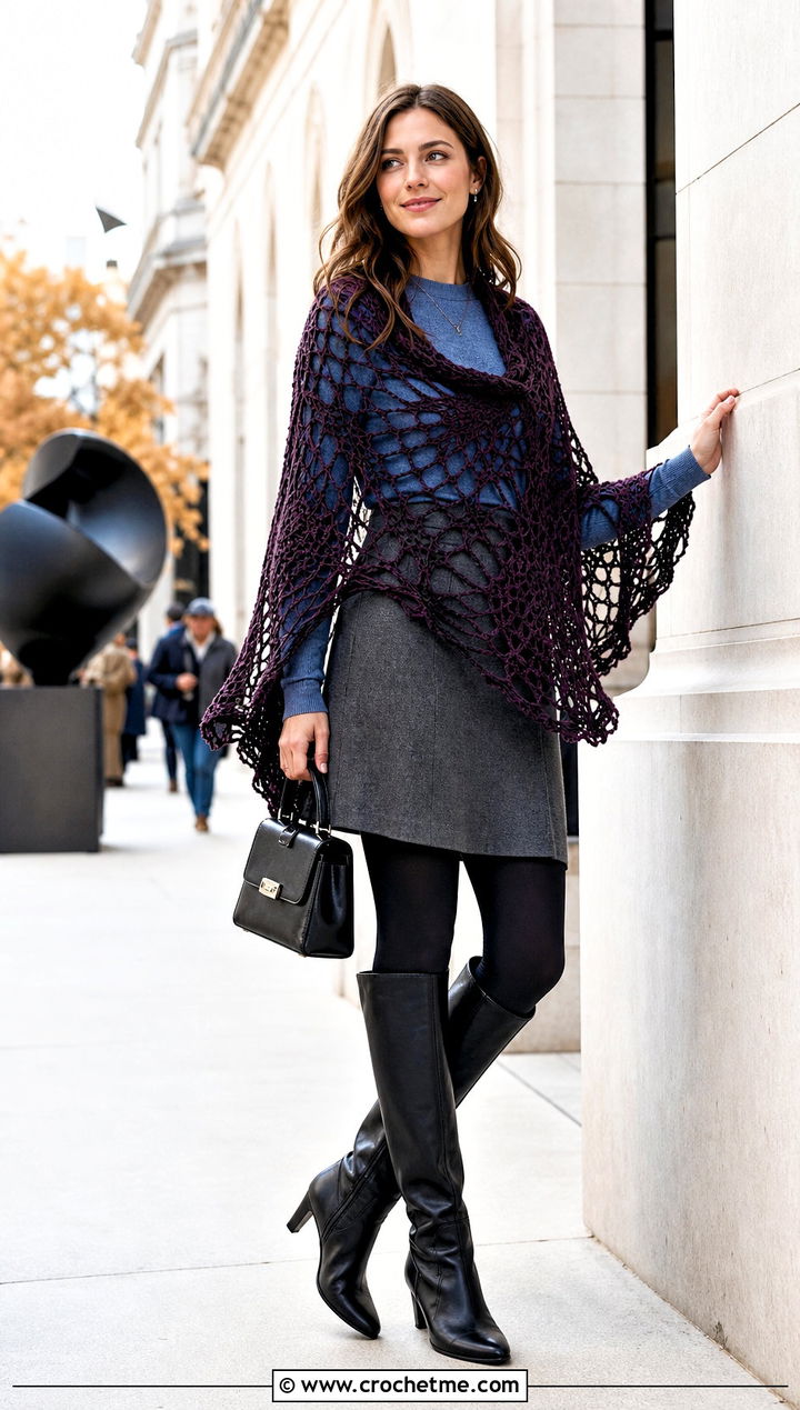 Oversized Spiderweb Crochet Shawl With Mini Skirt - 30 spiderweb crochet shawl outfit ideas