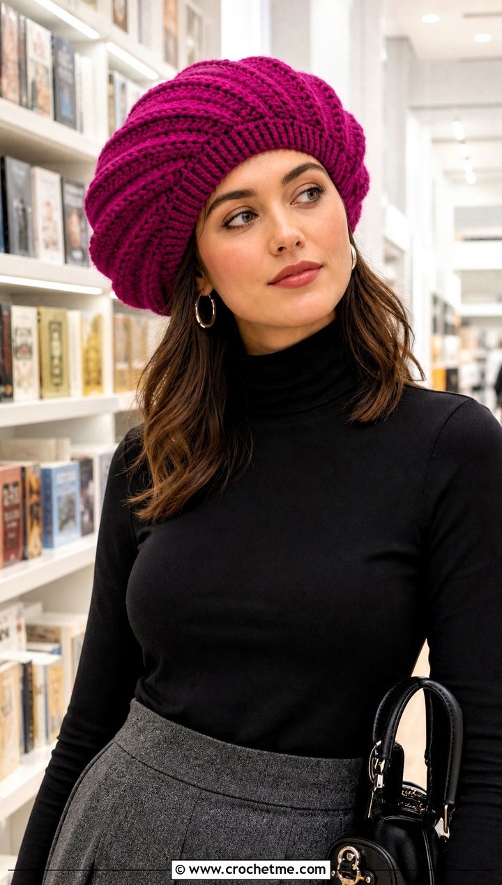 Oversized Spiral Crochet Beret With Turtleneck And Midi Skirt - 30 crochet swirl hat outfit ideas