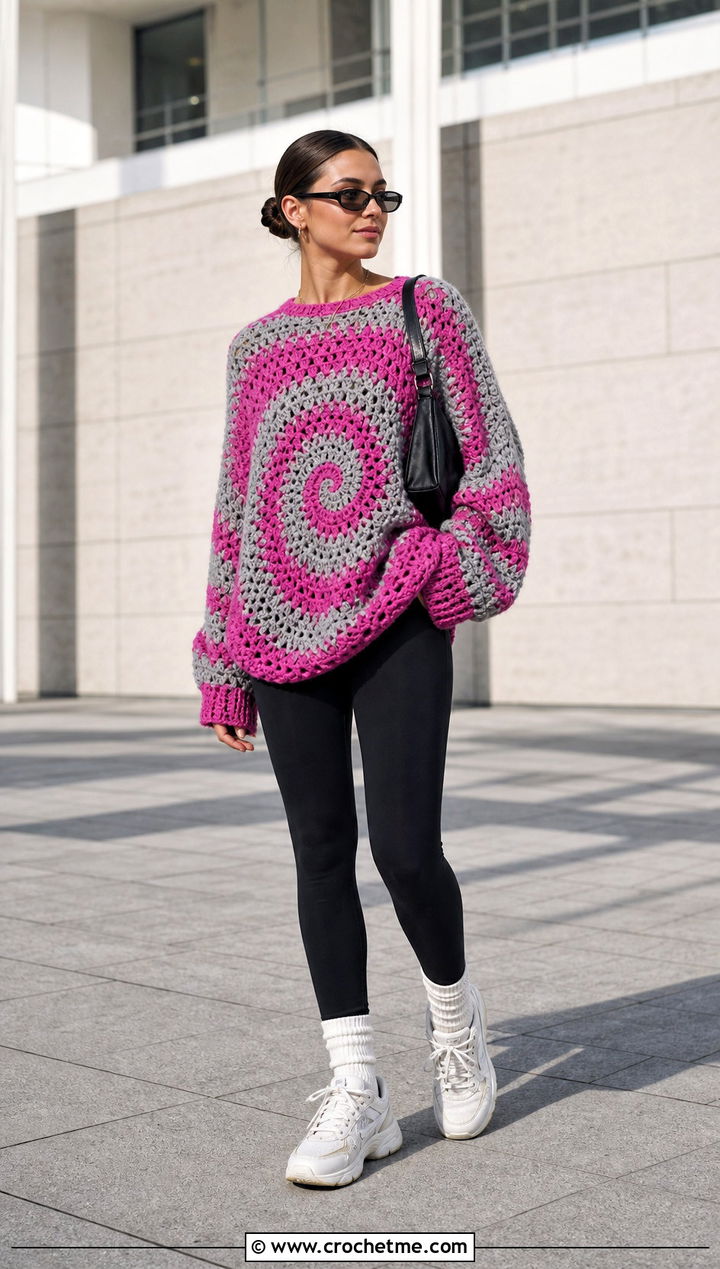 Oversized Spiral Crochet Sweater With Black Leggings - 35 spiral crochet sweater outfit ideas