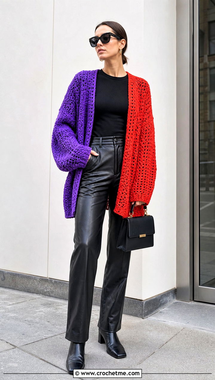 Oversized Split Color Crochet Cardigan With Leather Pants - 15 Split Color Crochet Cardigan outfit ideas