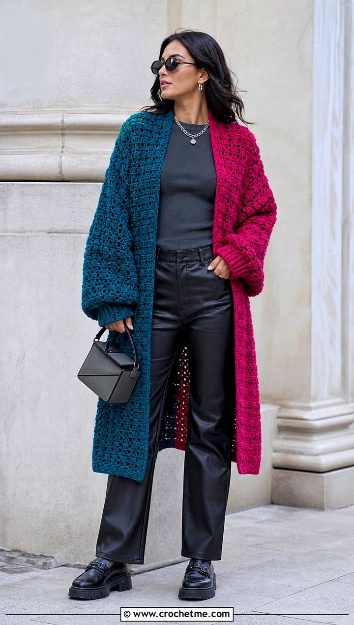 Oversized Split Panel Crochet Cardigan With Leather Pants - 20 Half And Half Crochet Cardigan outfit ideas