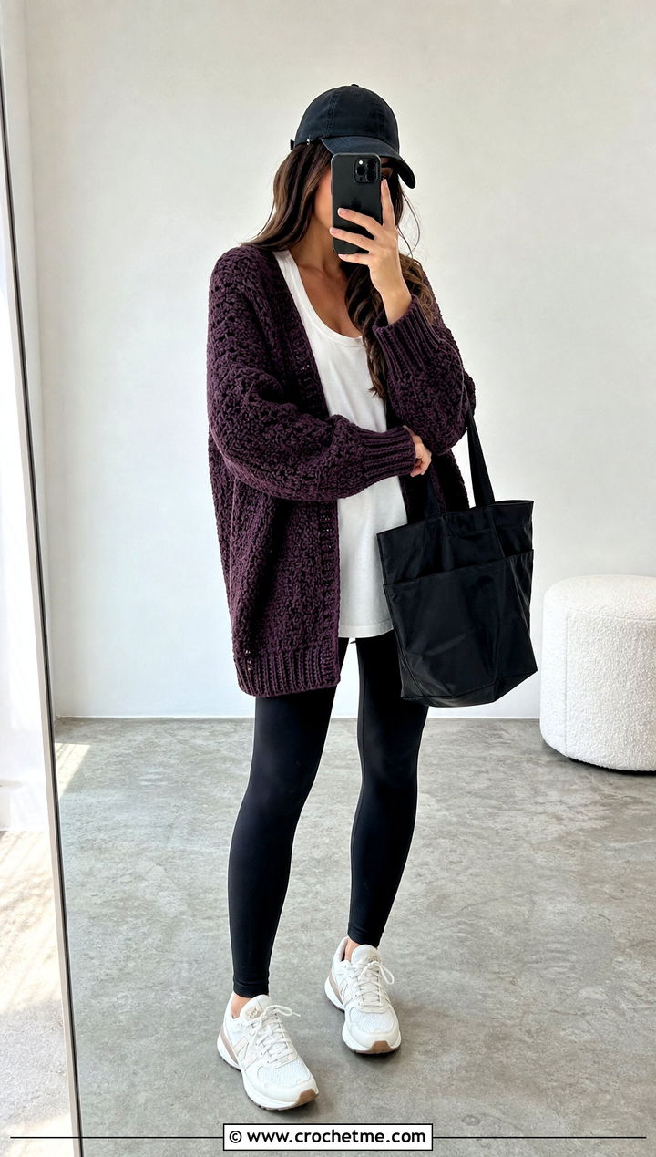 Oversized Sport Weight Crochet Cardigan With Leggings - 15 Sport Weight Crochet Cardigan outfit ideas