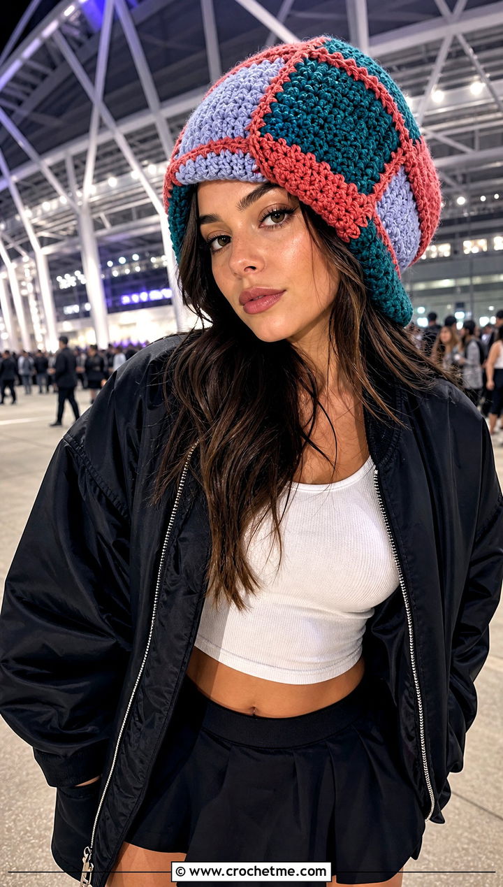 Oversized Square Crochet Beanie With Bomber Jacket And Mini Skirt - 30 granny square crochet beanie outfit ideas