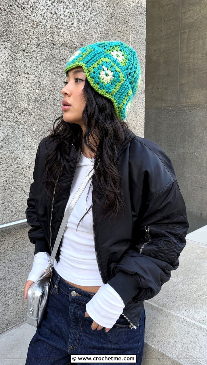 Oversized Square Granny Square Beanie With Bomber Jacket - 30 granny square beanie outfit ideas