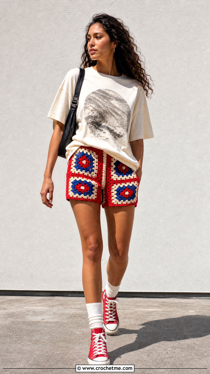 Oversized Square Granny Square Crochet Shorts With Graphic T Shirt - 35 granny square crochet shorts outfit ideas
