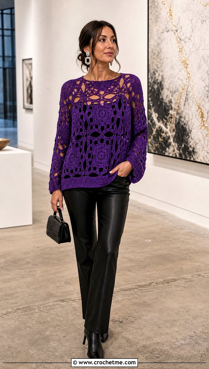 Oversized Square Motif Top With Leather Pants - 25 Square Crochet Top outfit ideas
