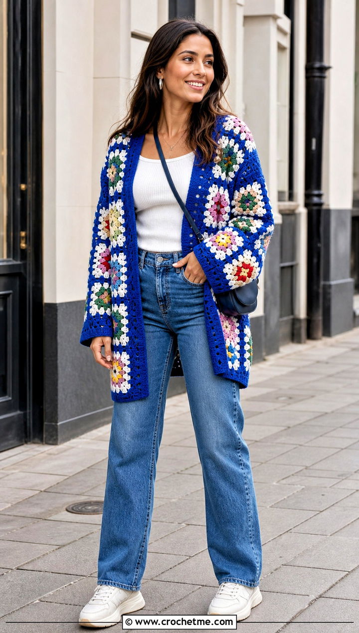 Oversized Square Patch Crochet Cardigan With Straight Leg Jeans - 25 Square Patch Crochet Cardigan outfit ideas