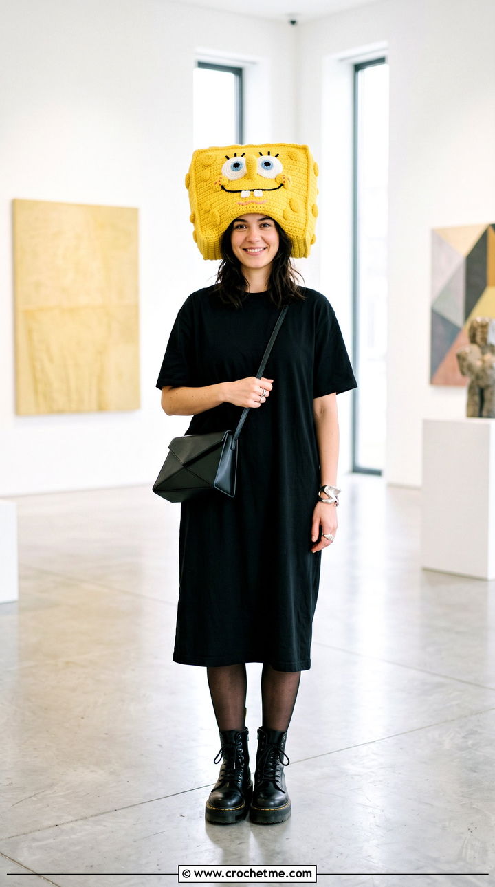 Oversized Square SpongeBob Crochet Hat With Black Dress And Combat Boots - 35 crochet spongebob hat outfit ideas