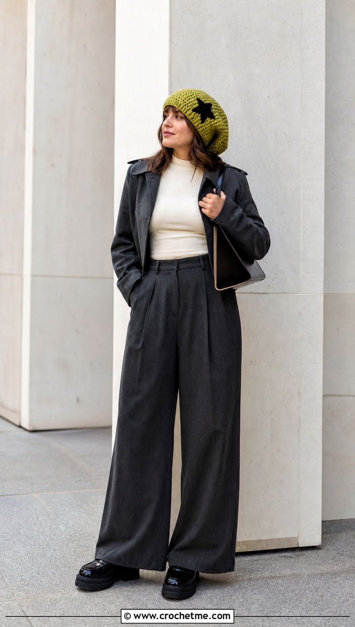 Oversized Star Beanie With Wide Leg Trousers - 35 crochet star beanie outfit ideas