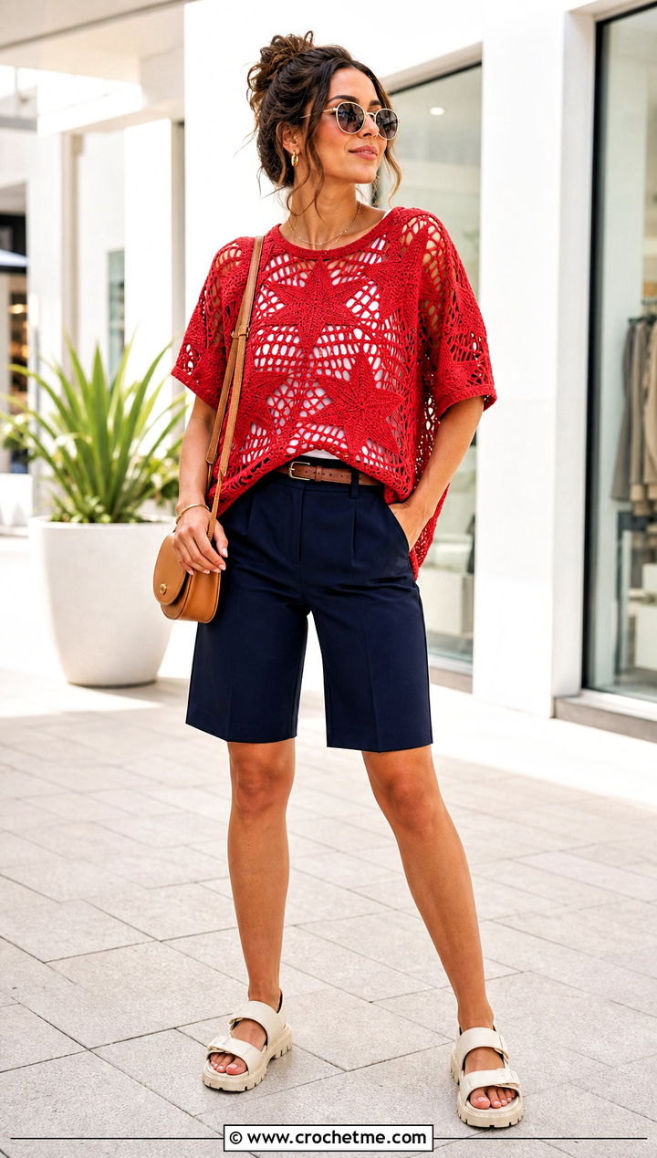 Oversized Star Crochet Tee With Bermuda Shorts - 30 star crochet top outfit ideas