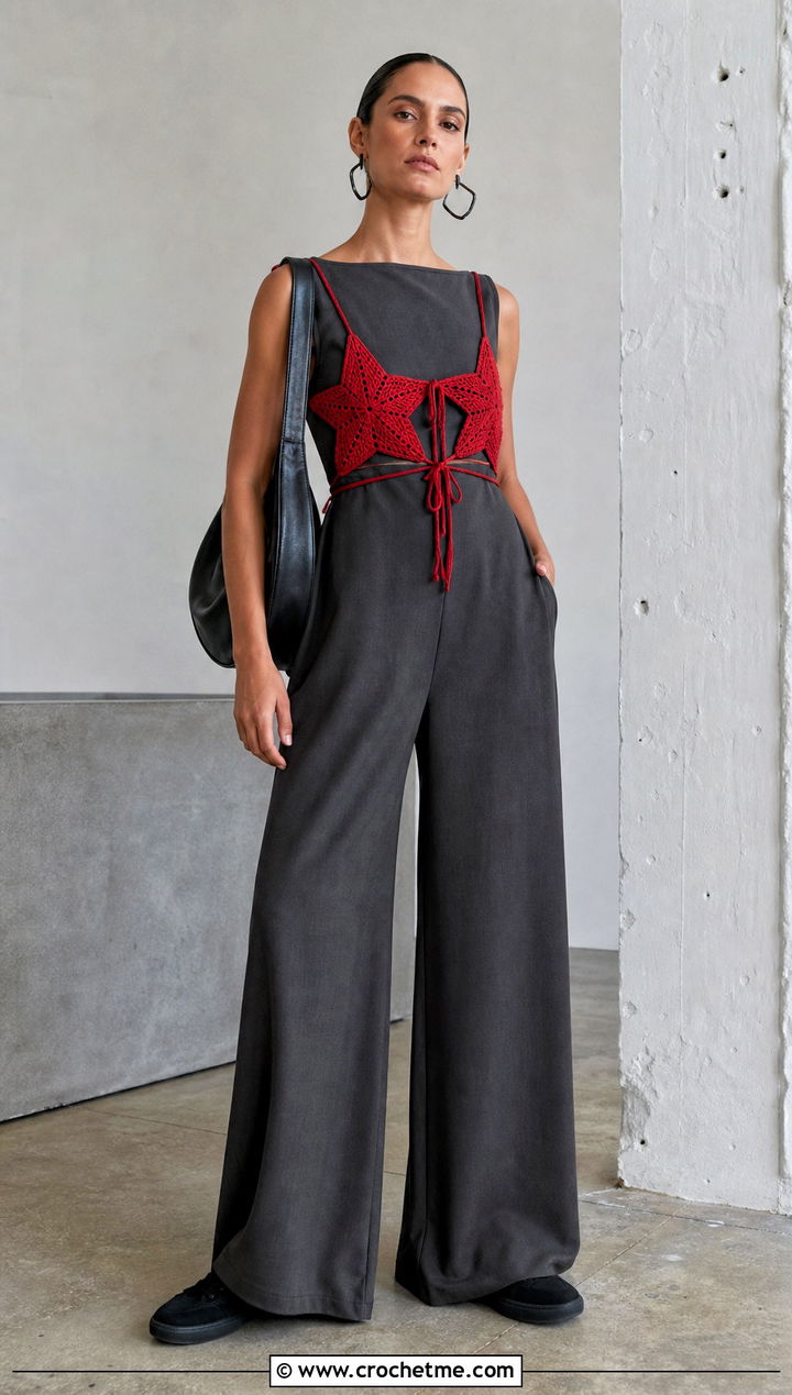 Oversized Star Motif Crochet Bra Over Jumpsuit - 30 crochet star bra outfit ideas