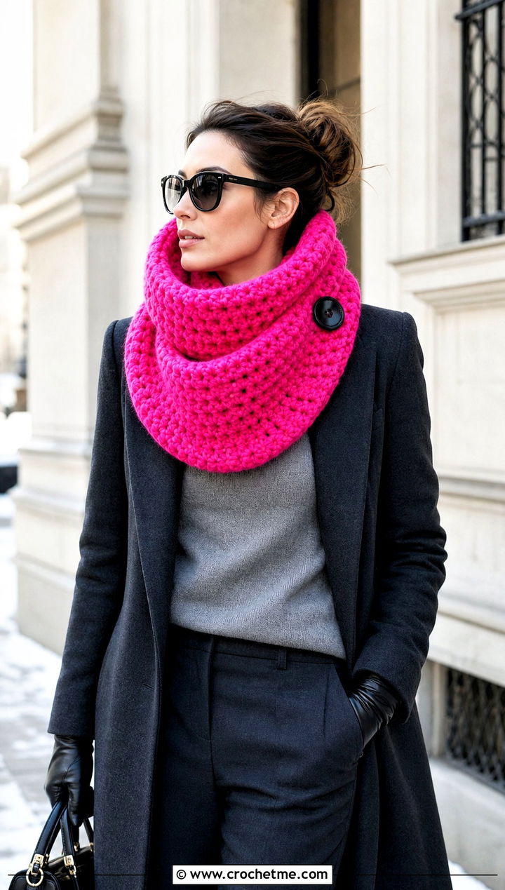 Oversized Statement Button Cowl With Minimalist Coat - 25 crochet button cowl outfit ideas