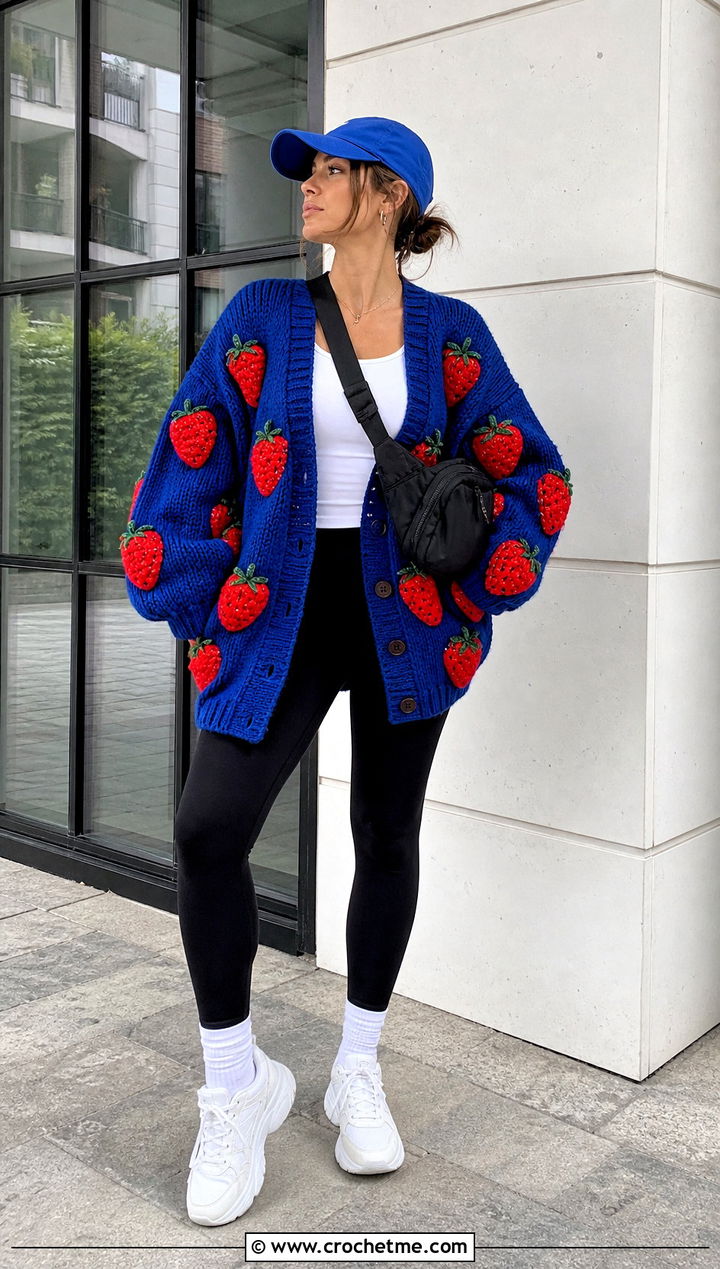 Oversized Strawberry Cardigan With Black Leggings - 35 crochet strawberry cardigan outfit ideas