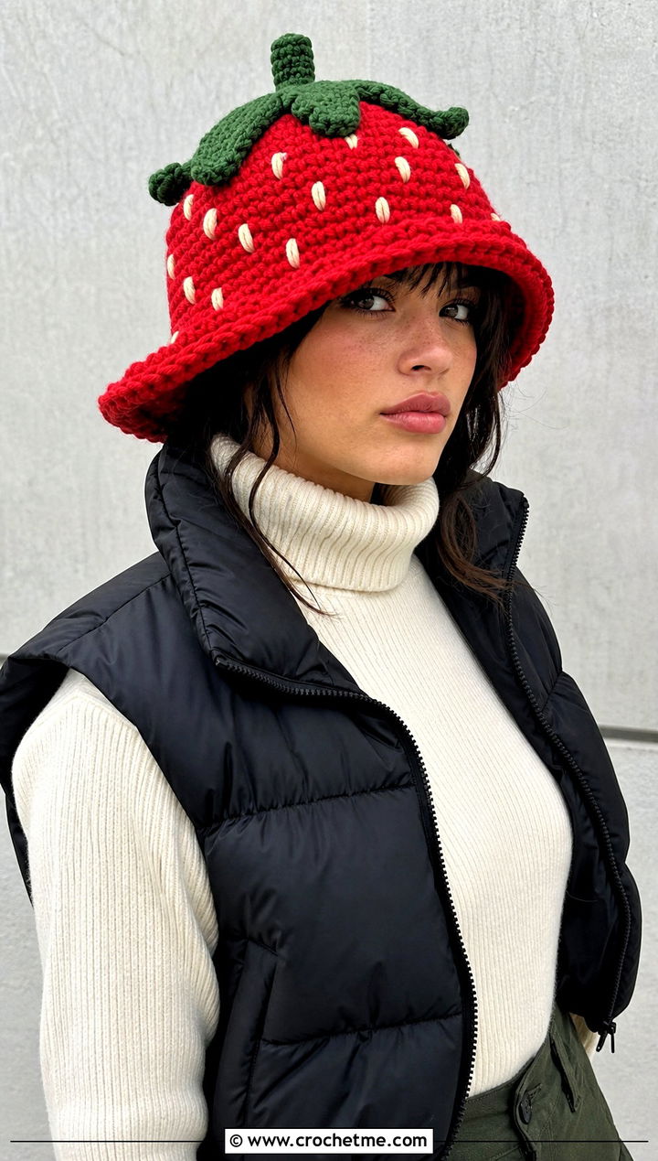 Oversized Strawberry Crochet Bucket Hat With Puffer Vest - 15 strawberry crochet bucket hat outfit ideas