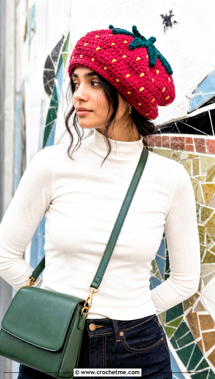 Oversized Strawberry Crochet Tam With Wide Leg Jeans - 25 strawberry crochet beret outfit ideas