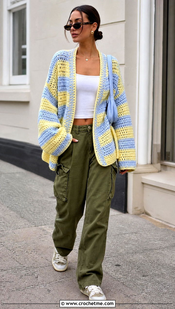 Oversized Stripe Crochet Cardigan With Cargo Pants - 35 crochet striped cardigan outfit ideas