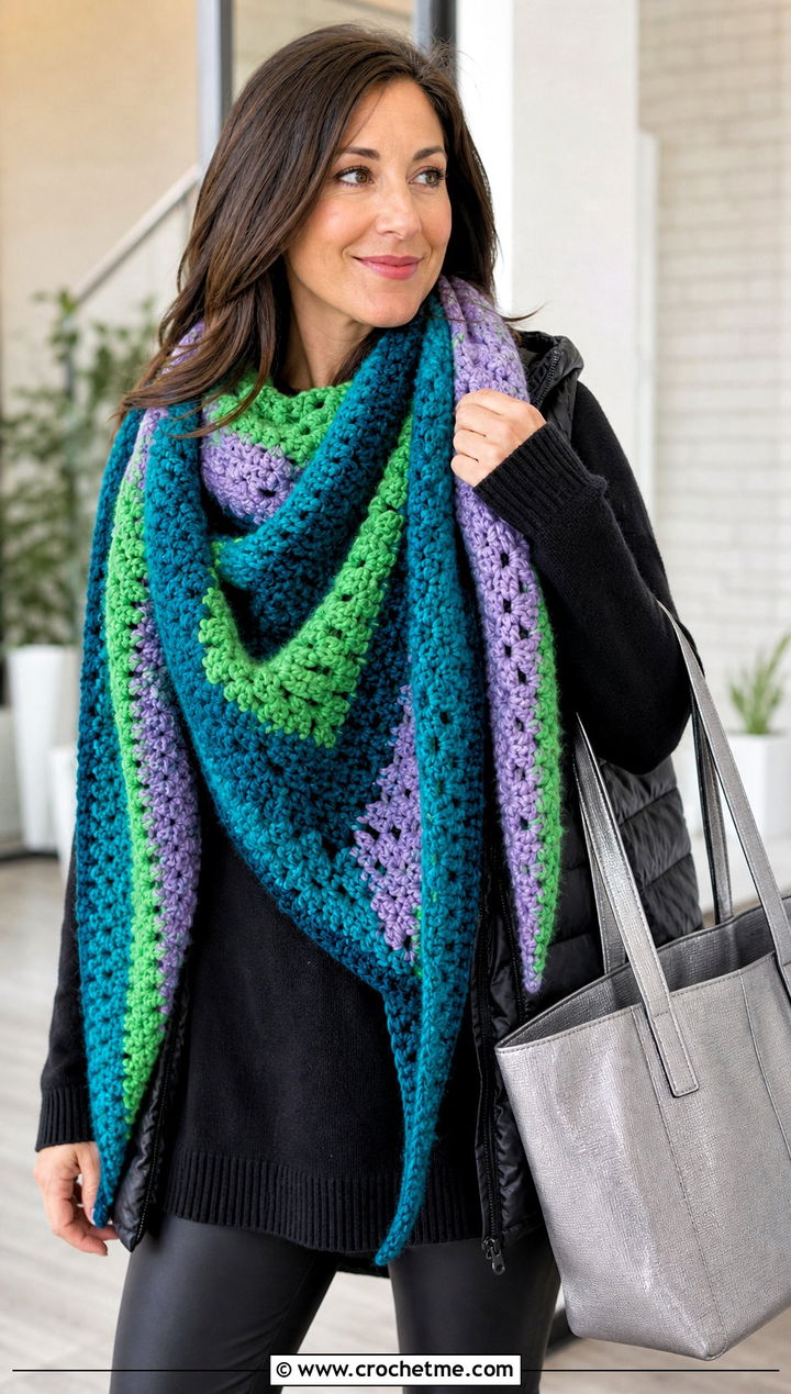 Oversized Striped Crochet Blanket Scarf With Leggings - 30 striped crochet scarf outfit ideas