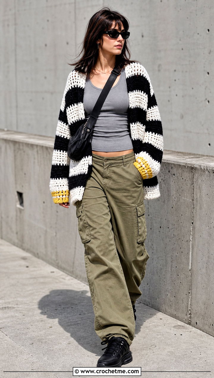 Oversized Striped Crochet Cardigan With Cargo Pants - 25 Black White Crochet Cardigan outfit ideas