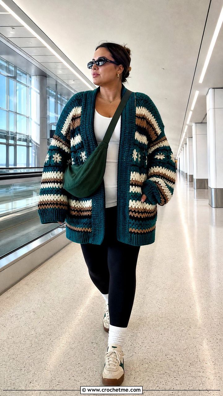 Oversized Striped Crochet Folklore Cardigan With Leggings - 35 crochet folklore cardigan outfit ideas