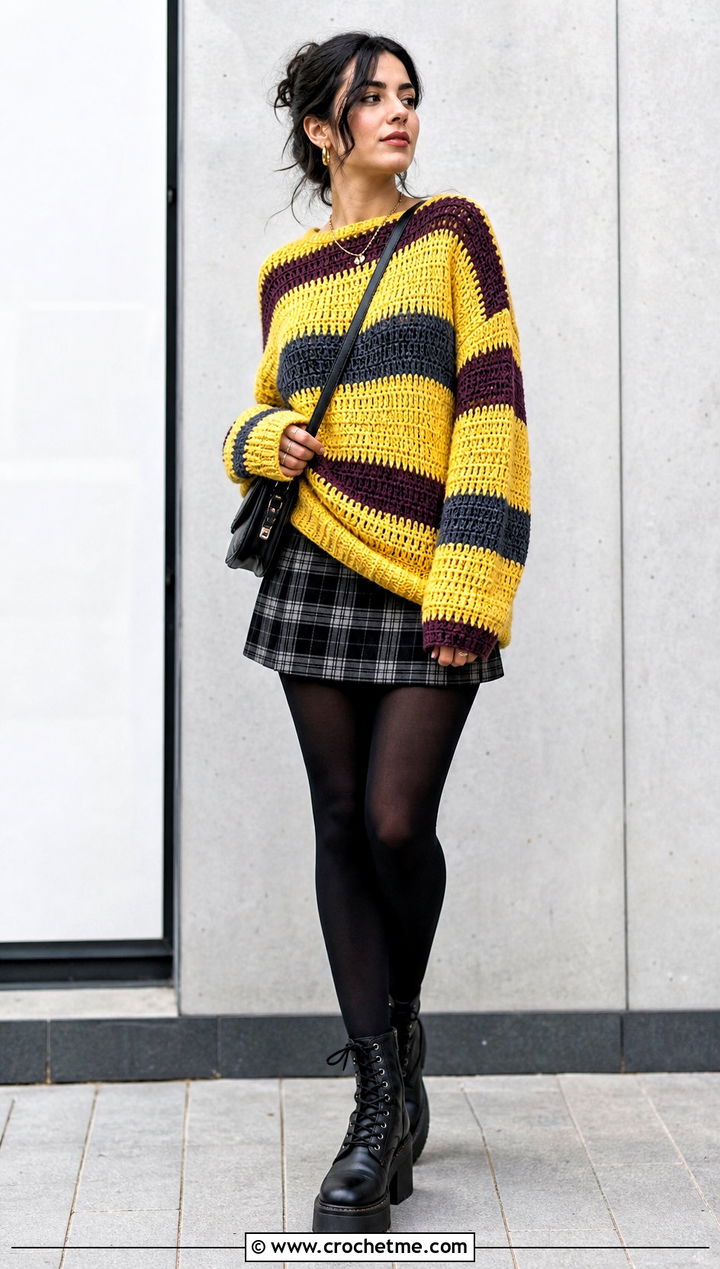 Oversized Striped Crochet Pullover With Plaid Mini Skirt - 25 grunge crochet clothes and outfit ideas