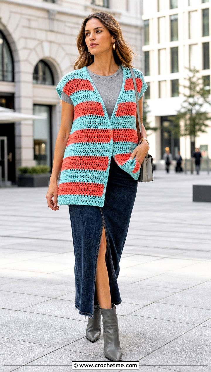 Oversized Striped Crochet Vest With Denim Maxi Skirt - 30 oversize crochet vest outfit ideas