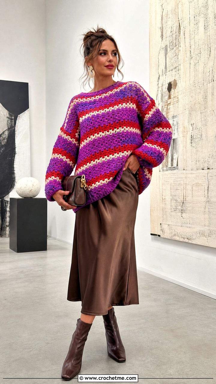 Oversized Striped Granny Stitch Sweater With Satin Skirt - 35 crochet granny stitch sweater outfit ideas