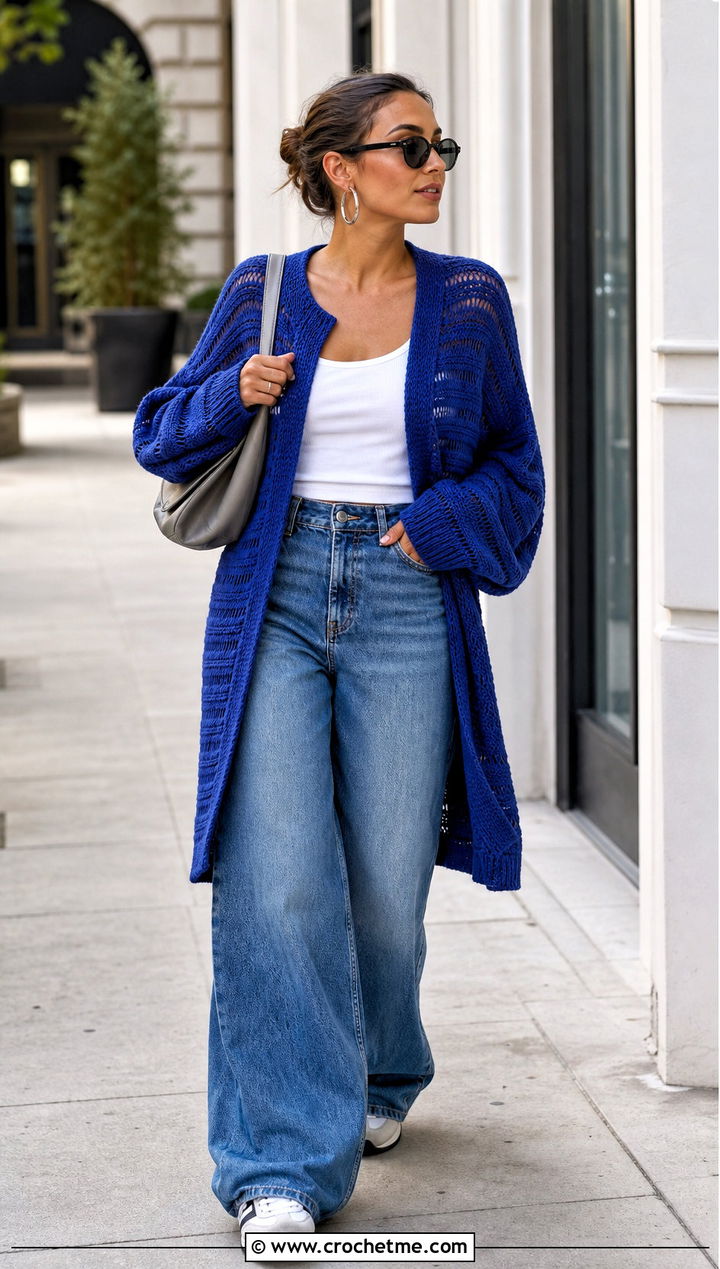 Oversized Striped Pixie Crochet Sweater With Wide Leg Jeans - 20 Pixie Crochet Sweater outfit ideas