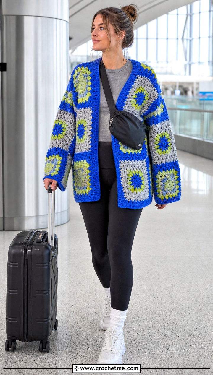 Oversized Sunburst Granny Square Cardigan With Black Leggings - 35 sunburst granny square cardigan outfit ideas