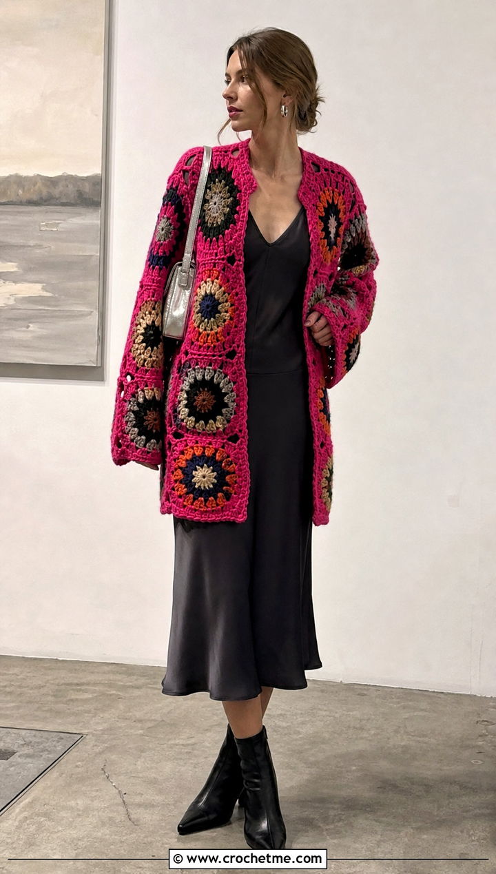 Oversized Sunburst Granny Square Patchwork Cardigan With Slip Dress - 30 Granny Square Patchwork Cardigan outfit ideas