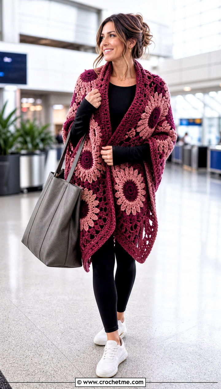 Oversized Sunflower Crochet Shawl With Leggings - 20 Sunflower Crochet Shawl outfit ideas