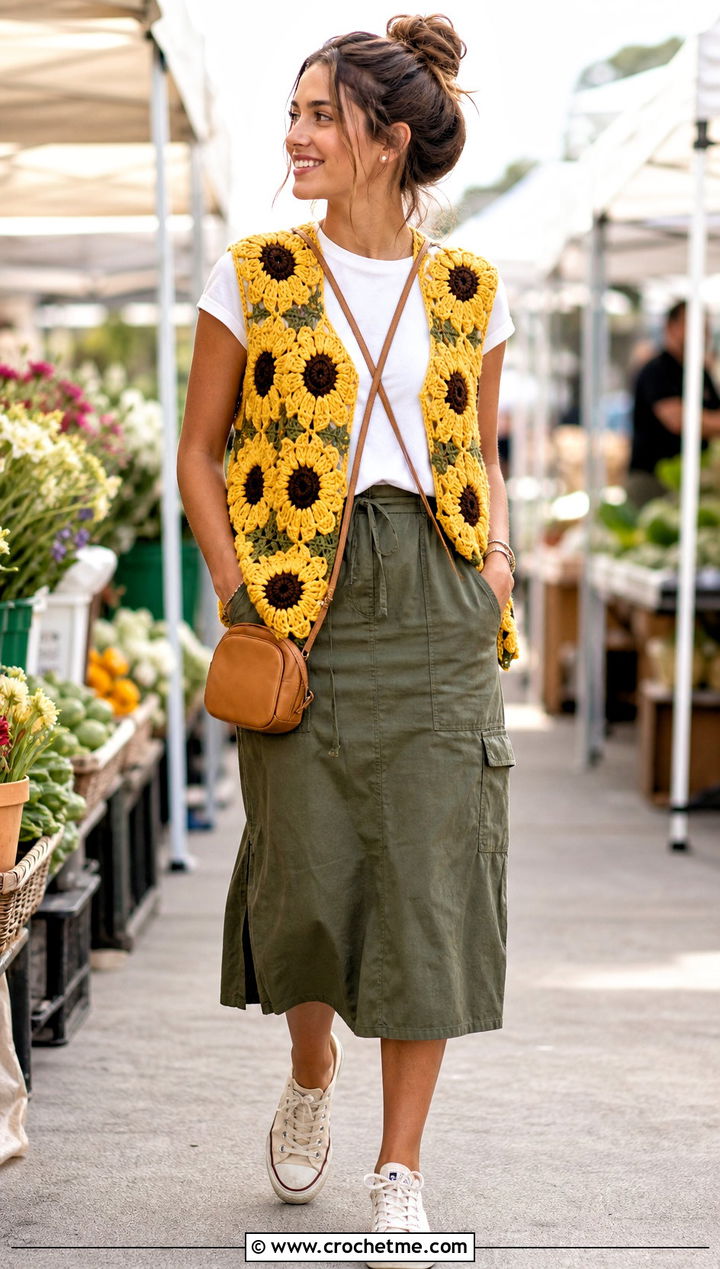 Oversized Sunflower Crochet Vest With Utility Skirt - 30 oversize crochet vest outfit ideas