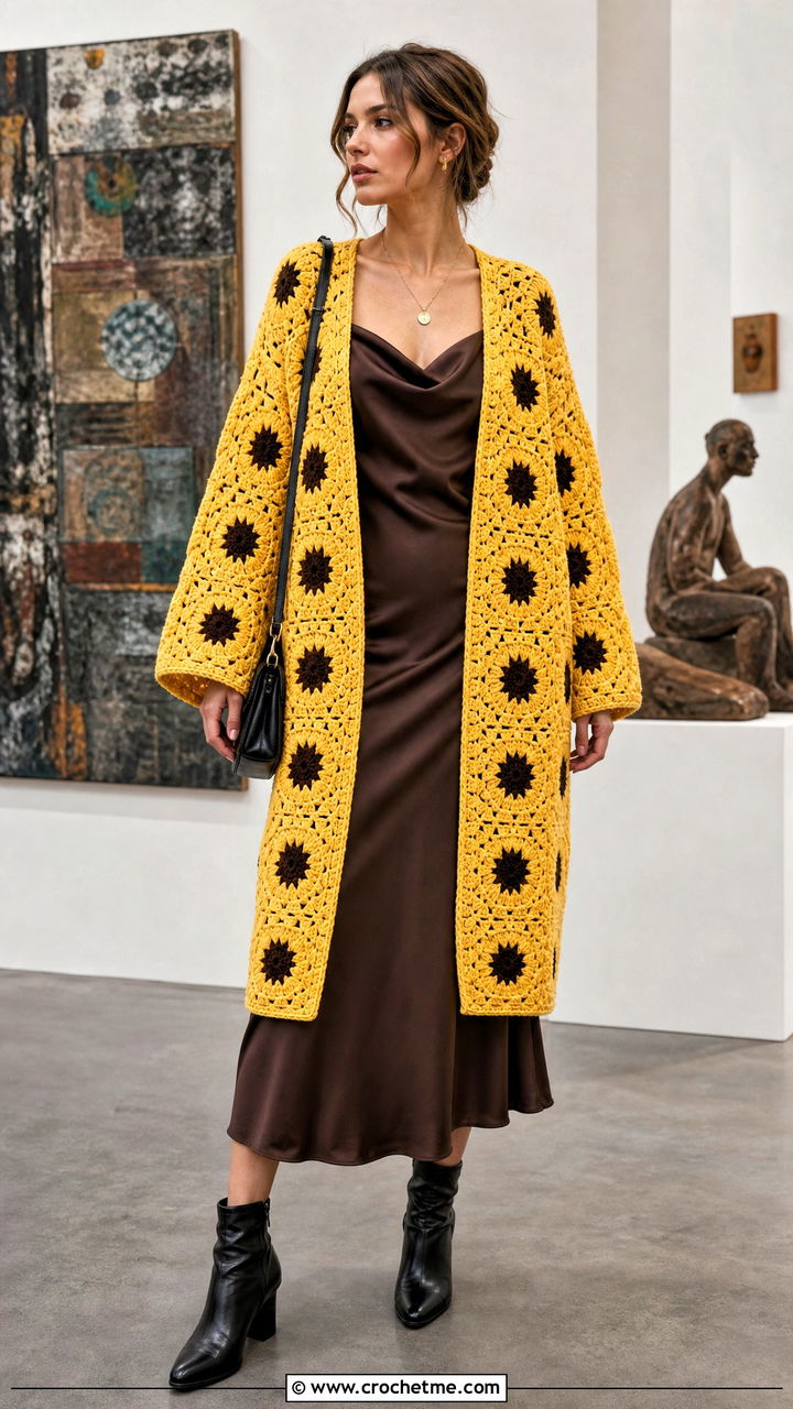 Oversized Sunflower Granny Square Crochet Cardigan With Slip Dress - 35 granny square crochet cardigan outfit ideas