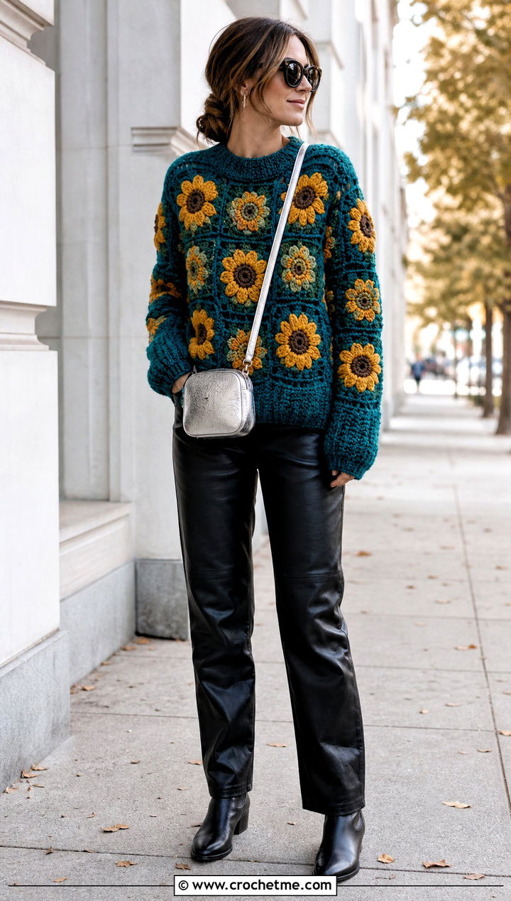 Oversized Sunflower Granny Square Jumper With Leather Pants - 35 granny square jumper outfit ideas