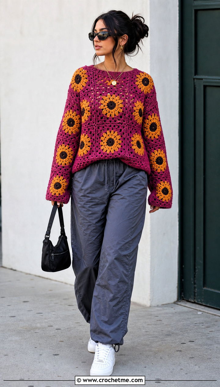 Oversized Sunflower Granny Square Sweater With Parachute Pants - 30 sunflower granny square sweater outfit ideas