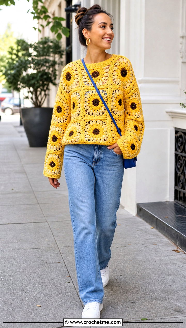 Oversized Sunflower Granny Square Sweater With Straight Leg Jeans - 30 sunflower granny square sweater outfit ideas