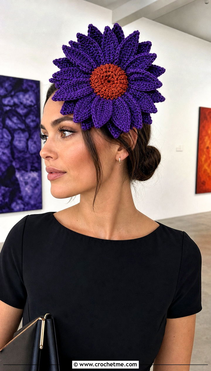 Oversized Sunflower Headband With Black Dress - 25 Crochet Sunflower Headband outfit ideas