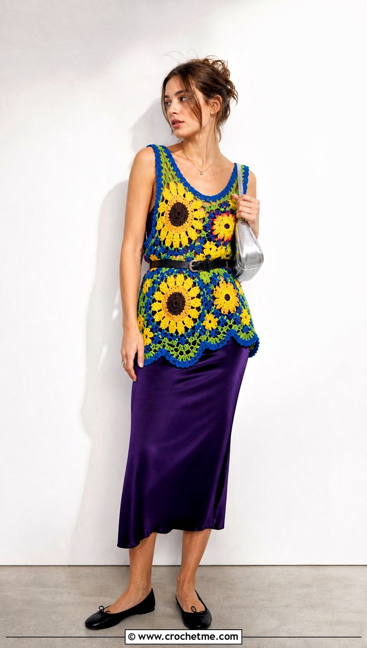 Oversized Sunflower Tank Top With Slip Dress - 15 crochet sunflower tank top outfit ideas