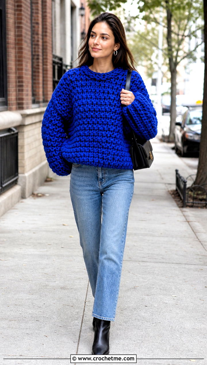 Oversized Super Bulky Crochet Sweater With Straight Leg Jeans - 25 Super Bulky Crochet Sweater outfit ideas