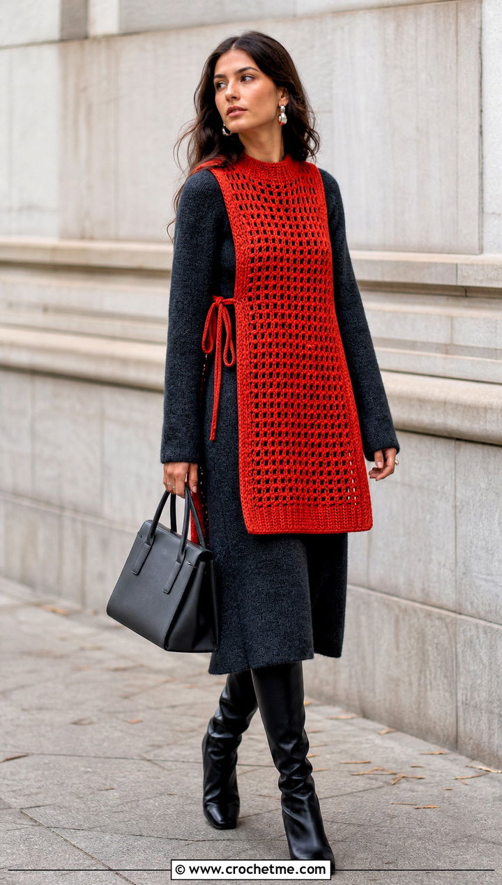 Oversized Tabard Side Tie Crochet Vest With Midi Dress - 30 crochet vest tie sides outfit ideas