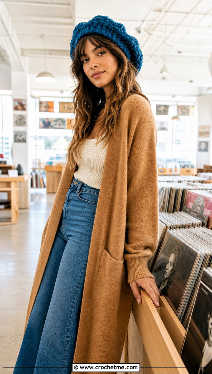 Oversized Tam Crochet Beret With Long Cardigan And Flared Jeans - 30 crochet berets outfit ideas